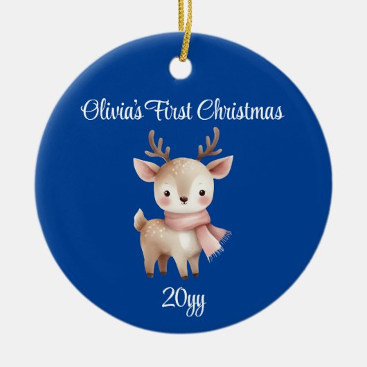 Gepersonaliseerde kobaltblauwe baby meisje eerste  keramisch ornament (Voorkant)