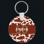 Gepersonaliseerde Koe Spots Print Boer Verjaardag Sleutelhanger<br><div class="desc">Gepersonaliseerde klassieker en trendy bruin en wit koe huidvlekken textuur ontwerp verjaardagsfeestje op maat jaar en naamcadeau. Koe vlekken dierenprint</div>