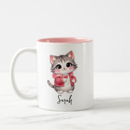 Gepersonaliseerde koffiemok met roze cartoon poes  tweekleurige koffiemok