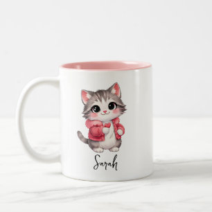 Gepersonaliseerde koffiemok met roze cartoon poes tweekleurige koffiemok