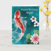 Gepersonaliseerde Koi Fish, Cherry Blossom Birthda Kaart (Gele Bloem)
