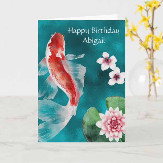 Gepersonaliseerde Koi Fish, Cherry Blossom Birthda Kaart (Gele Bloem)