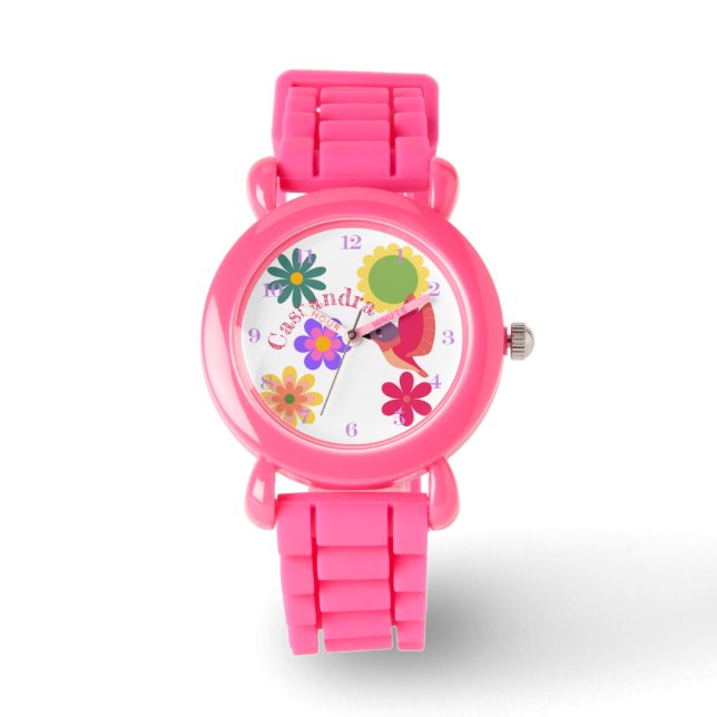 Gepersonaliseerde kolibrie en bloemen horloge (Voorkant)
