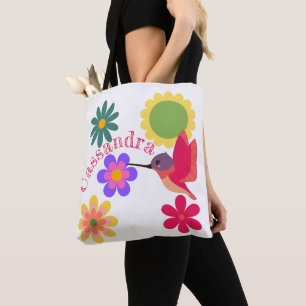 Gepersonaliseerde kolibrie en bloemen tote bag