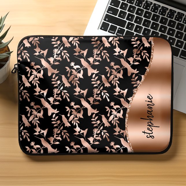 Gepersonaliseerde kolibrie Pattern Roos Goud Zwart Laptop Sleeve (Creator heeft geüpload)