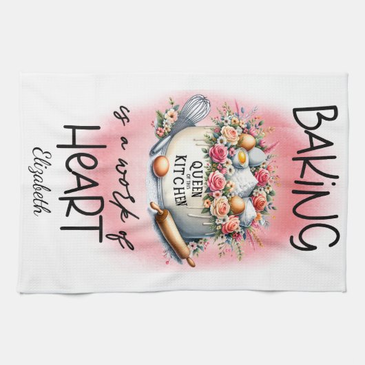Gepersonaliseerde Koningin van de Keuken Roze Bloe Theedoek (Horizontaal)