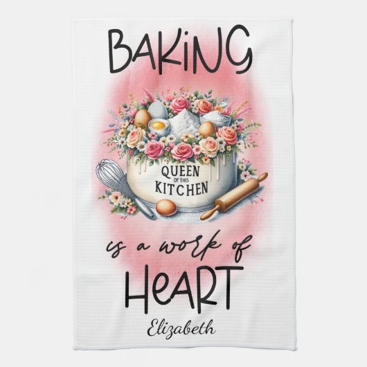 Gepersonaliseerde Koningin van de Keuken Roze Bloe Theedoek (Verticaal)