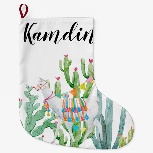 Gepersonaliseerde Kous Boho Llama Bohemian Cacti D Grote Kerstsok (Voorkant)
