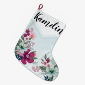 Gepersonaliseerde kous tropische bloem op blauwe o grote kerstsok (Voorkant (Hangend))