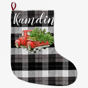 Gepersonaliseerde Kous XMAS Truck Baffalo Plaid Bl Grote Kerstsok