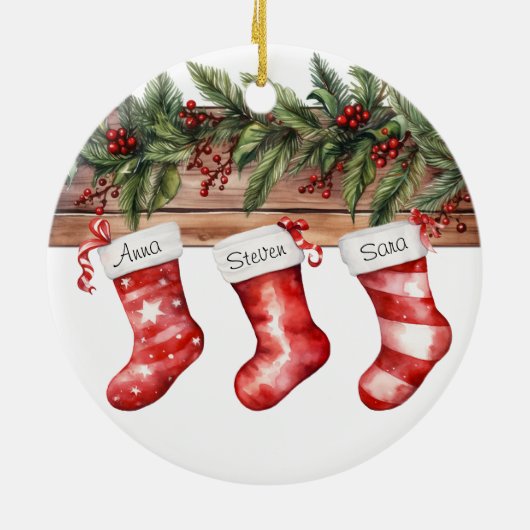 Gepersonaliseerde Kousen Familie van 3 Kerstmis Keramisch Ornament (Achterkant)