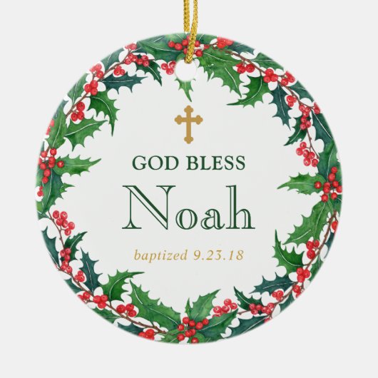 Gepersonaliseerde Krans Doop Gift God Bless Keramisch Ornament (Voorkant)