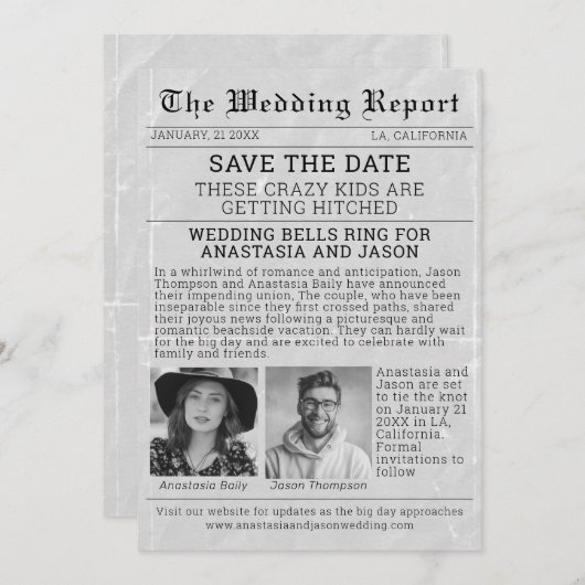 Gepersonaliseerde krant Bewaar de trouwdatum Kaart (Voorkant / Achterkant)