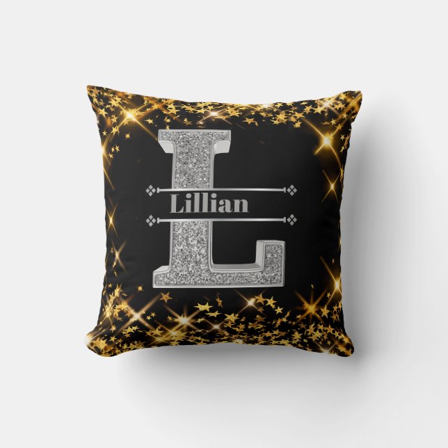 Gepersonaliseerde L Initiaal Silver Monogram Jouw  Kussen (Voorkant)