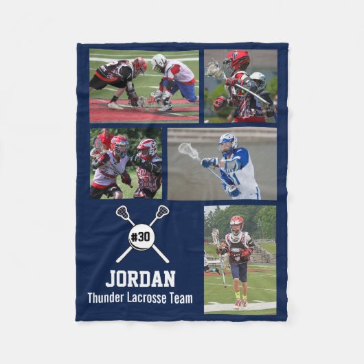 Gepersonaliseerde Lacrosse 5 Fotocollage Naam Team Fleece Deken (Voorkant)
