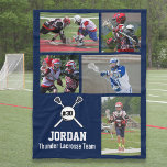 Gepersonaliseerde Lacrosse 5 Fotocollage Naam Team Fleece Deken<br><div class="desc">Deze gepersonaliseerde aangepaste lacrosse fleece deken is voorzien van uw 5 foto's, de naam van de lacrosse-speler, het jersey-nummer en de teamnaam. Personaliseer met actiebeelden, een teamfoto, gebiedsfoto, enz. Verander eenvoudig de achtergrondkleur zodat deze overeenkomt met de kleuren van het team - klik op aanpassen en vervolgens op de kleine...</div>