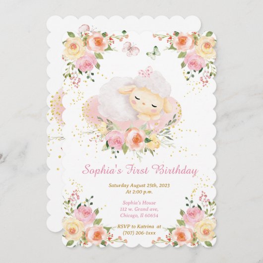 Gepersonaliseerde Lamb Meisje 1e Verjaardag Kaart (Voorkant / Achterkant)