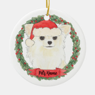 Gepersonaliseerde langgehaaste witte crème Chihuah Keramisch Ornament