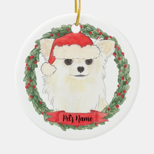 Gepersonaliseerde langgehaaste witte crème Chihuah Keramisch Ornament (Voorkant)
