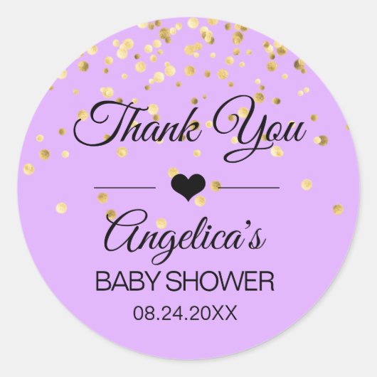 Gepersonaliseerde Lavendel en gouden Baby shower l Ronde Sticker (Voorkant)