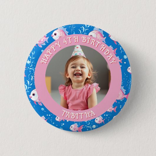 Gepersonaliseerde leeftijd, naam en foto verjaarda ronde button 5,7 cm (Voorkant)