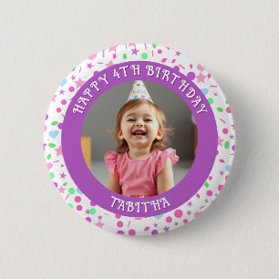 Gepersonaliseerde leeftijd, naam en foto verjaarda ronde button 5,7 cm