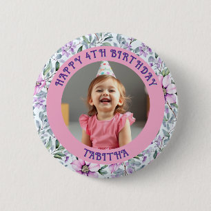 Gepersonaliseerde leeftijd, naam en foto verjaarda ronde button 5,7 cm