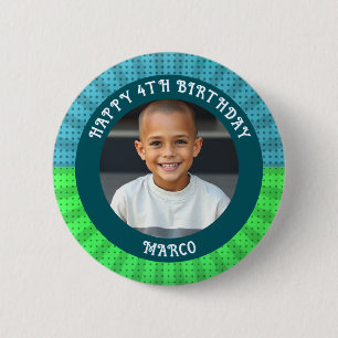 Gepersonaliseerde leeftijd, naam en foto verjaarda ronde button 5,7 cm