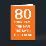 Gepersonaliseerde leeftijdspecifieke geboortedag v kaart<br><div class="desc">Gepersonaliseerde leeftijdspecifieke geboortedag voor mannen. De man mythe legende. Grappig 80th Birthday wenskaart voor mannen. Het idee van een humoristische kaart voor vader,  echtgenoot,  oom,  opa,  broer,  enz.  wenst tekst als Happy Birthday. 80 jaar oud. 80e verjaardag,  aanpasbaar leeftijdsnummer. Aangepaste achtergrondkleur.</div>