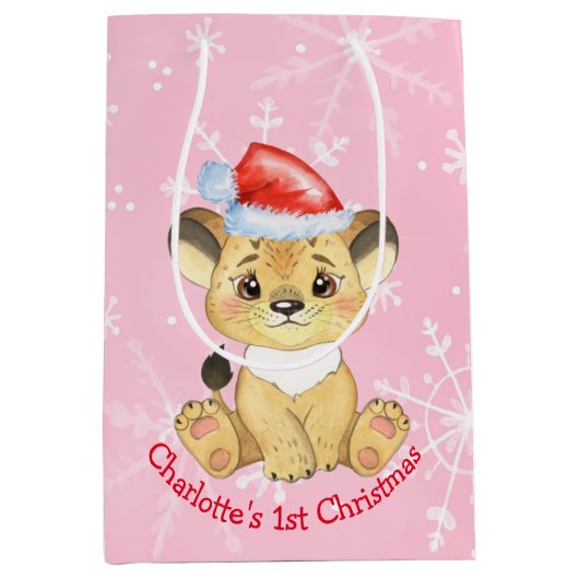 Gepersonaliseerde leeuw, eerste kerstkind, meisje  medium cadeauzakje (Voorkant)
