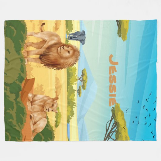 Gepersonaliseerde leeuwen op de Savannah Fleece Deken (Voorkant (Horizontaal))