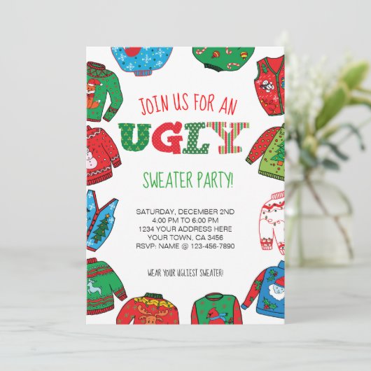 Gepersonaliseerde lelijke trui uitnodigen kaart (Staand voorkant)