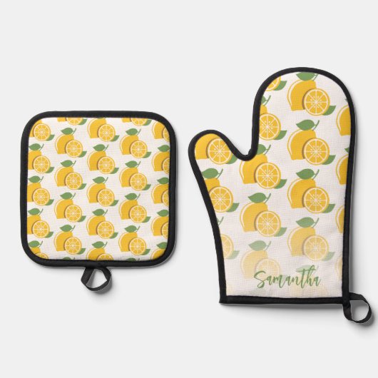 Gepersonaliseerde Lemon Fun Patroon Script Geel Ovenwant & Pannenlap Set (Voorkant)