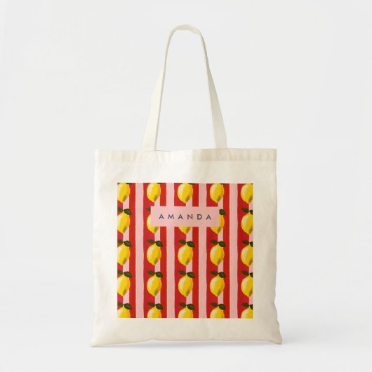 Gepersonaliseerde Lemon Stripe Patroon Gele Citroe Tote Bag (Voorkant)