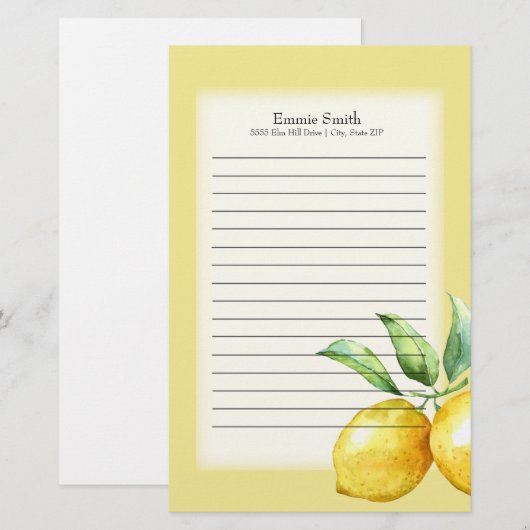 Gepersonaliseerde Lemons en Groene Bladen op Wit Briefpapier (Voorkant / Achterkant)