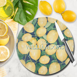 Gepersonaliseerde Lemons Greenery Navy Blue Snijplank