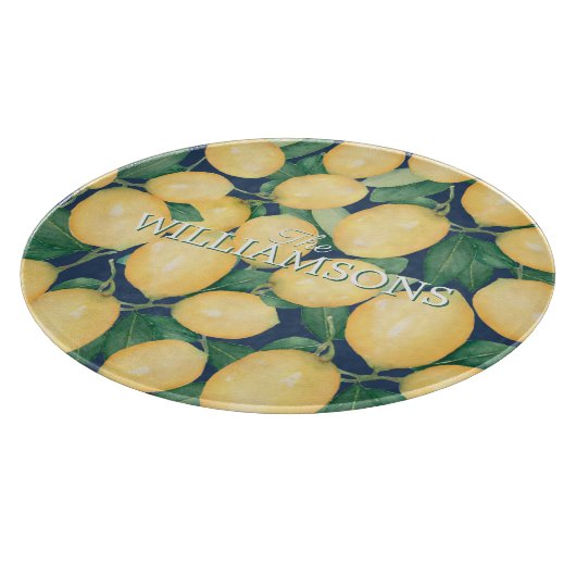 Gepersonaliseerde Lemons Greenery Navy Blue Snijplank (Hoek)