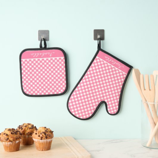 Gepersonaliseerde Lente Roze Wit Plaid Patroon Ovenwant & Pannenlap Set (Insitu(Ophanging))