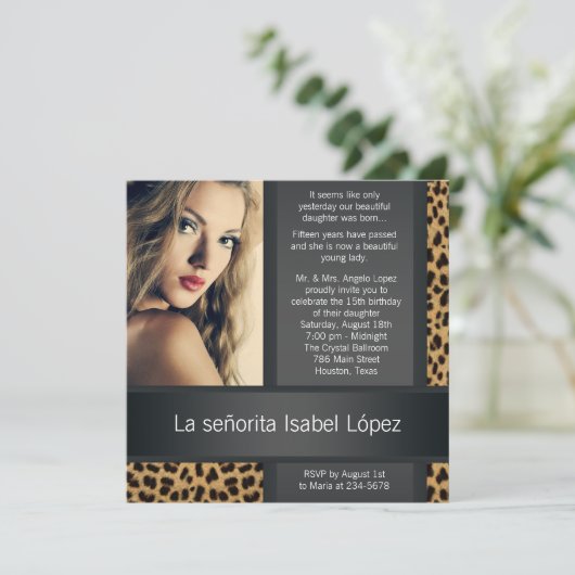 Gepersonaliseerde Leopard foto Quinceanera Kaart (Staand voorkant)