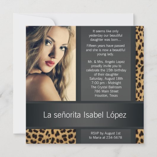 Gepersonaliseerde Leopard foto Quinceanera Kaart (Voorkant)