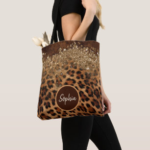 Gepersonaliseerde Leopard Fur Glamour Glitter Agaa Tote Bag