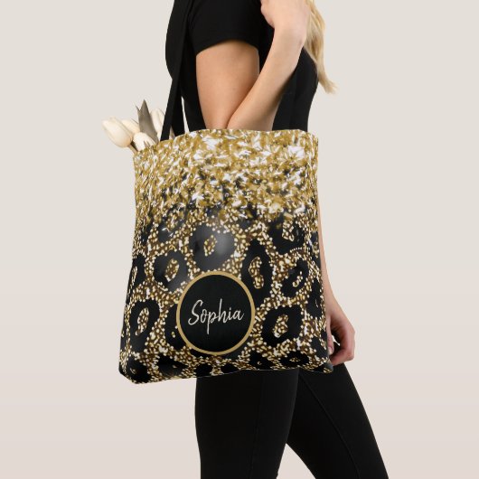 Gepersonaliseerde Leopard Print Glamour Glitter Ag Tote Bag (Dichtbij)