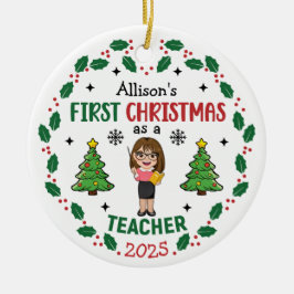 Gepersonaliseerde leraar eerste kerstboom ronde keramisch ornament