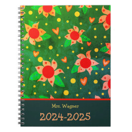 Gepersonaliseerde Leraar Fun Retro Bloemen Groen Notitieboek