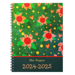 Gepersonaliseerde Leraar Fun Retro Bloemen Groen Notitieboek