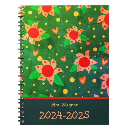 Gepersonaliseerde Leraar Fun Retro Bloemen Groen Notitieboek (Voorkant)