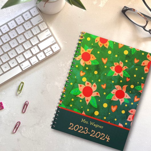 Gepersonaliseerde Leraar Fun Retro Bloemen Groen Planner