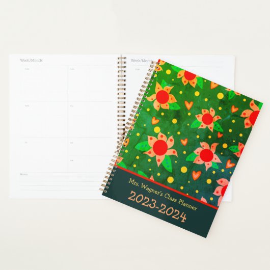 Gepersonaliseerde Leraar Fun Retro Bloemen Groen Planner (Display)