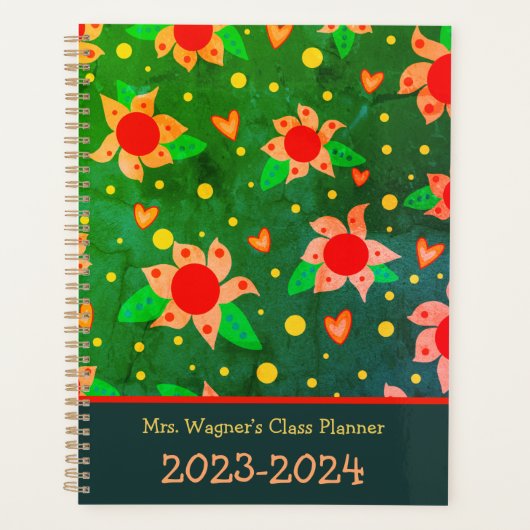 Gepersonaliseerde Leraar Fun Retro Bloemen Groen Planner (Voorkant)