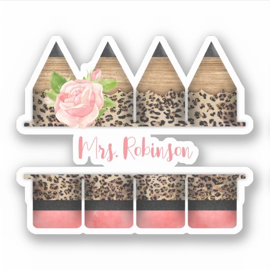 Gepersonaliseerde leraar luipaard print potlood sticker (Voorkant)